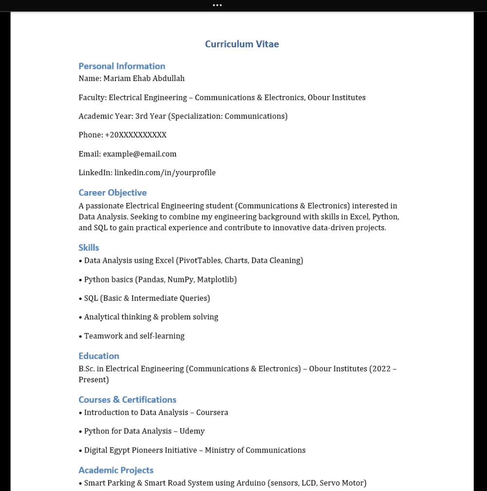 تصميم وكتابة سيرة ذاتية (CV) احترافية بالعربية أو الإنجليزية.