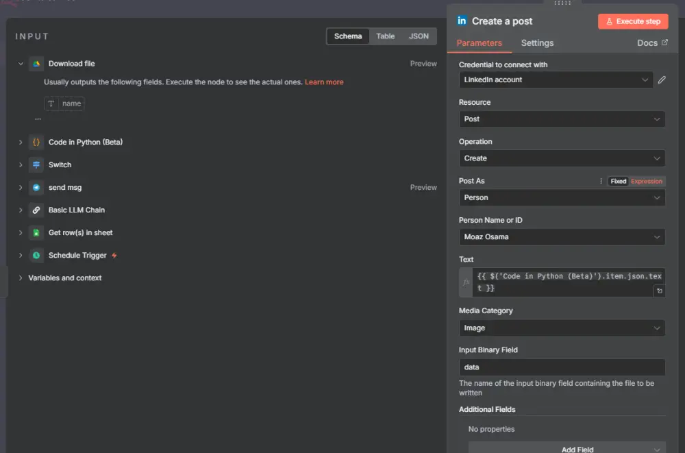 إنشاء نظام أتمتة ذكي باستخدام n8n لنشر المنشورات تلقائيًا على LinkedIn