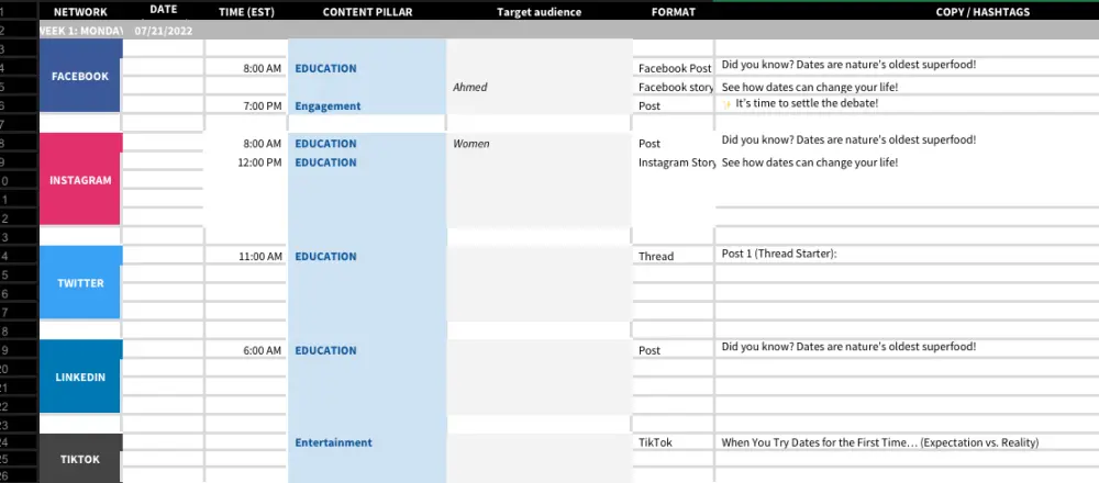 إنشاء جدول محتوى أسبوعي لحسابات السوشيال ميديا