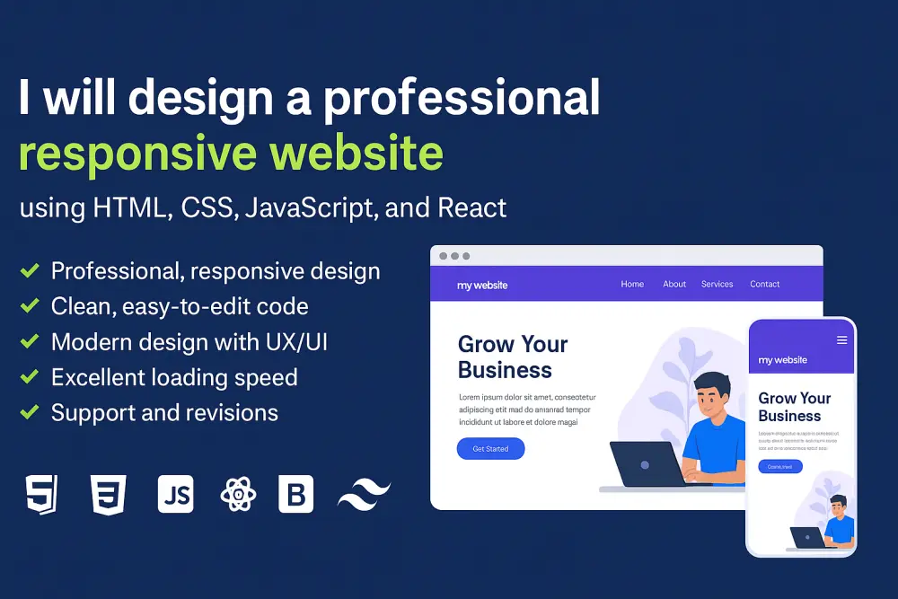 تصميم وتطوير واجهات مواقع احترافية متجاوبة باستخدام HTML، CSS، JavaScript، Bootstrap، وReact
