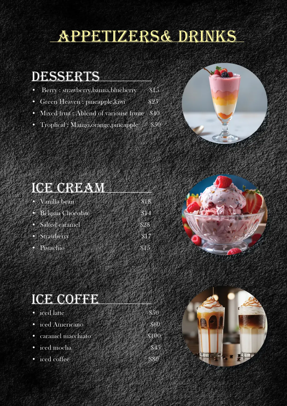 سأقوم بتصميم منيو مطعم احترافي بجودة عالية وأسلوب جذاب، مع اختيار ألوان وصور مناسبة لهوية المكان وترتيب العناصر بشكل منظم وواضح لجذب العملاء وزيادة المبيعات.