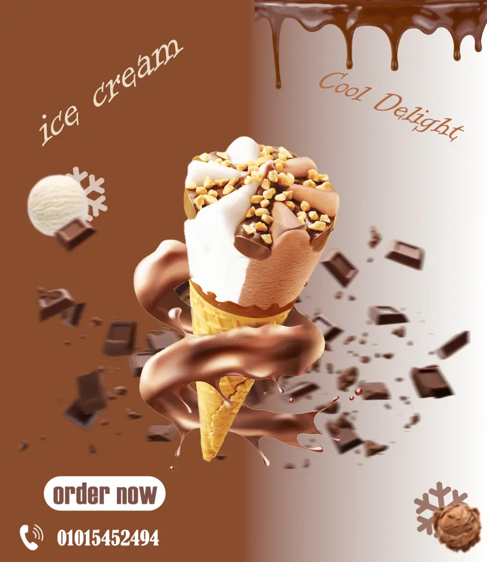 هقدملك خدمة تصميم إعلانات سوشيال ميديا احترافية خاصة بمنتجات الآيس كريم أو أي منتجات غذائية بشكل عام  التصميم بيكون جذّاب واحترافي جدًا، يعكس هوية المنتج ويشد انتباه العميل من أول نظرة