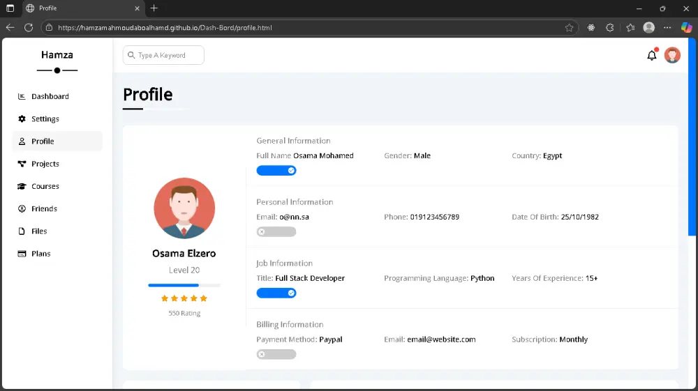 سأقوم بتصميم Dashboard أو لوحة تحكم متجاوبة باحترافية (Frontend Only)