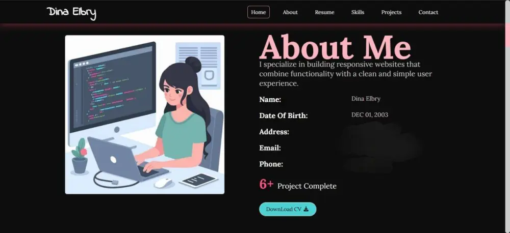 تصميم وبرمجة موقع شخصي (Portfolio) بسيط ومتجاوب باستخدام HTML وCSS وJavaScript
