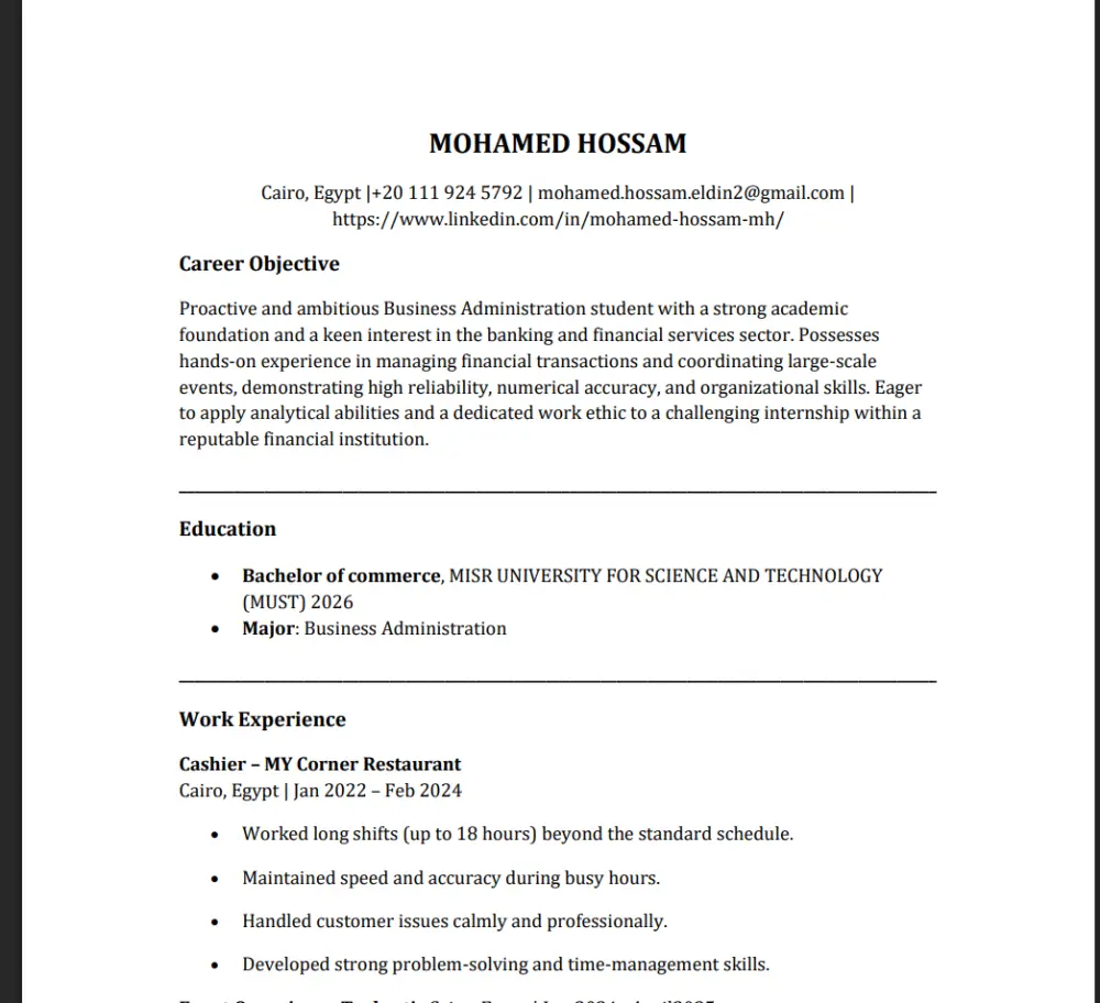 سأقوم بإنشاء سيرة ذاتية (CV) احترافية مصممة خصيصًا لتتوافق مع أنظمة ATS المستخدمة في كبرى الشركات، بحيث يتم قبول سيرتك الذاتية بسهولة أثناء الفرز الأولي.