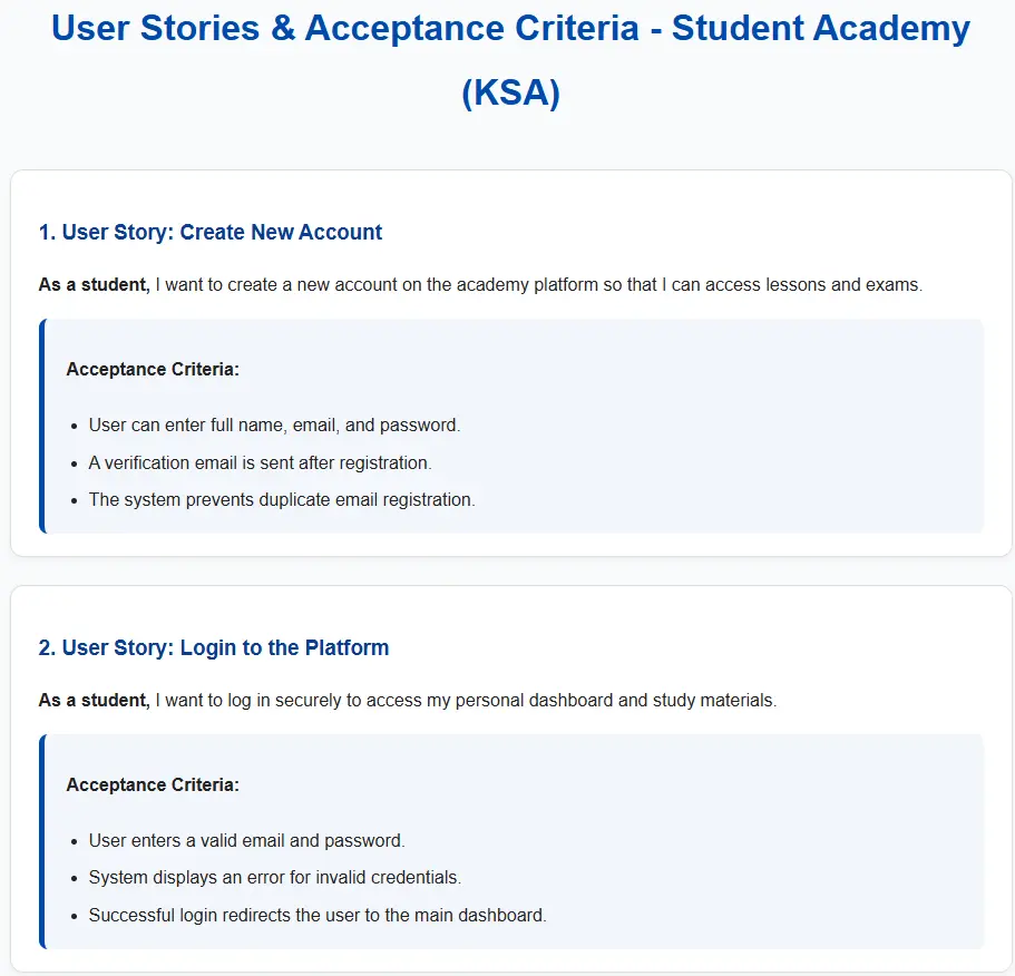 كتابة قصص المستخدم (User Stories) ومعايير القبول