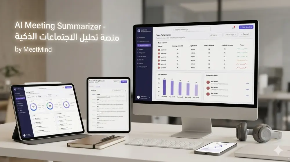 تصميم واجهات منصة MeetMind – أداة ذكية لتلخيص وتحليل الاجتماعات باستخدام الذكاء الاصطناعي.