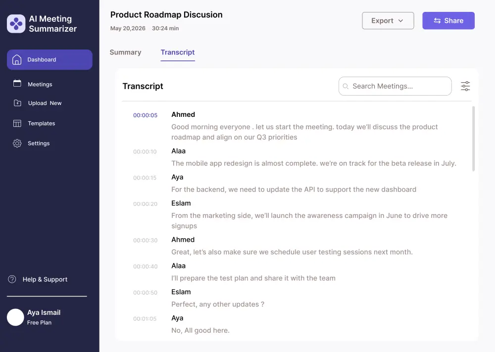 تصميم واجهات منصة MeetMind – أداة ذكية لتلخيص وتحليل الاجتماعات باستخدام الذكاء الاصطناعي.