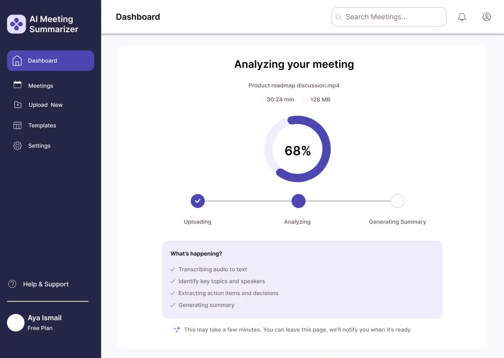 تصميم واجهات منصة MeetMind – أداة ذكية لتلخيص وتحليل الاجتماعات باستخدام الذكاء الاصطناعي.
