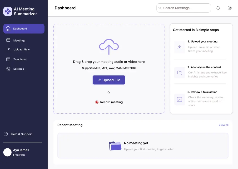 تصميم واجهات منصة MeetMind – أداة ذكية لتلخيص وتحليل الاجتماعات باستخدام الذكاء الاصطناعي.