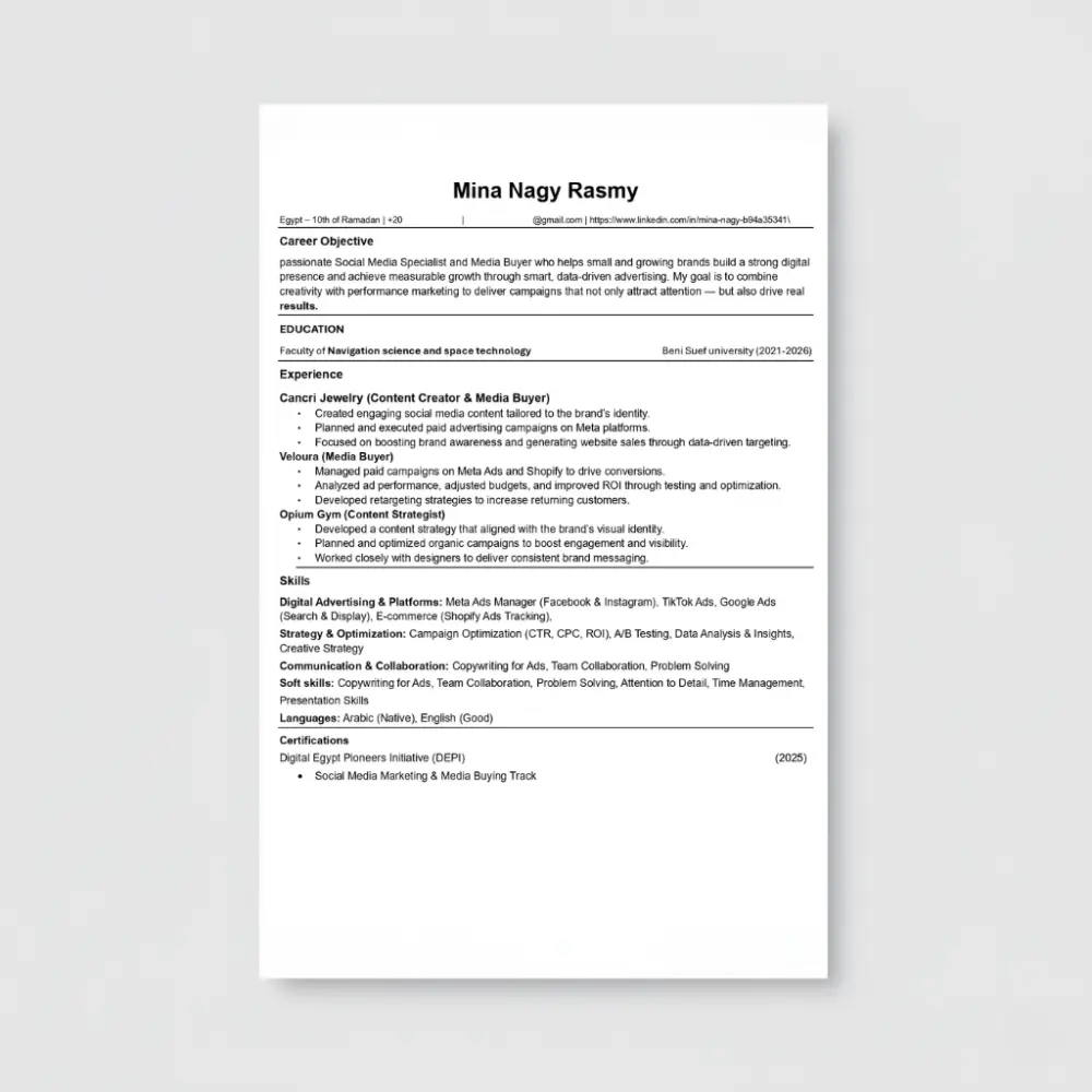 تصميم وتحسين سيرة ذاتية احترافية متوافقة مع معايير الـ ATS