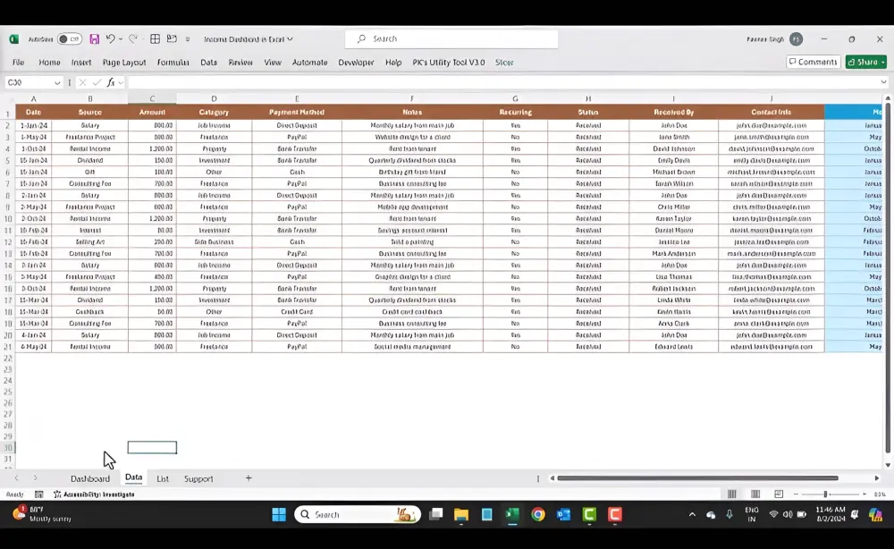 تصميم Income Dashboard احترافي باستخدام Excel لوحة متابعة شاملة للدخل والمصروفات تساعدك على فهم وتحليل بياناتك المالية بسهولة واتخاذ قرارات دقيقة.