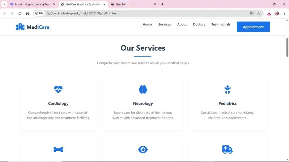 landing page for hospital website