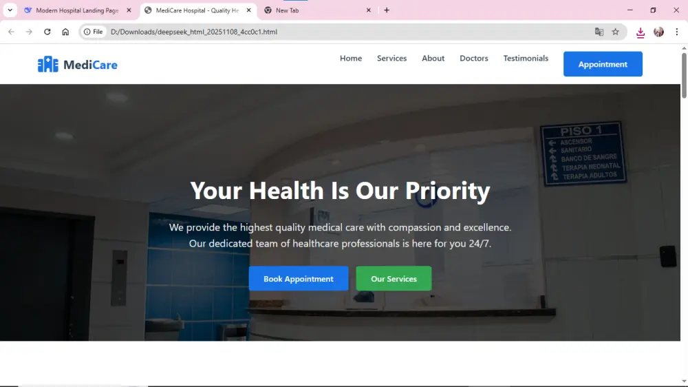 landing page for hospital website