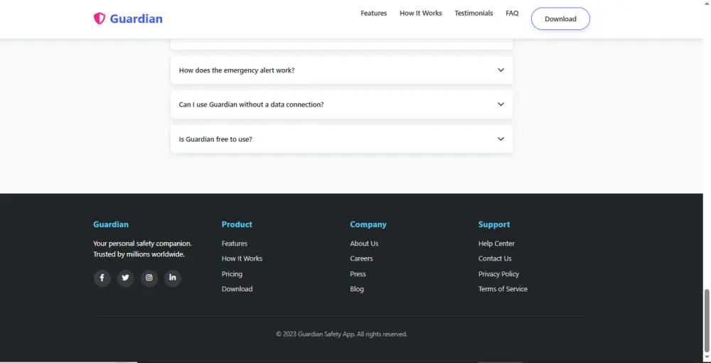 landing page for safety app