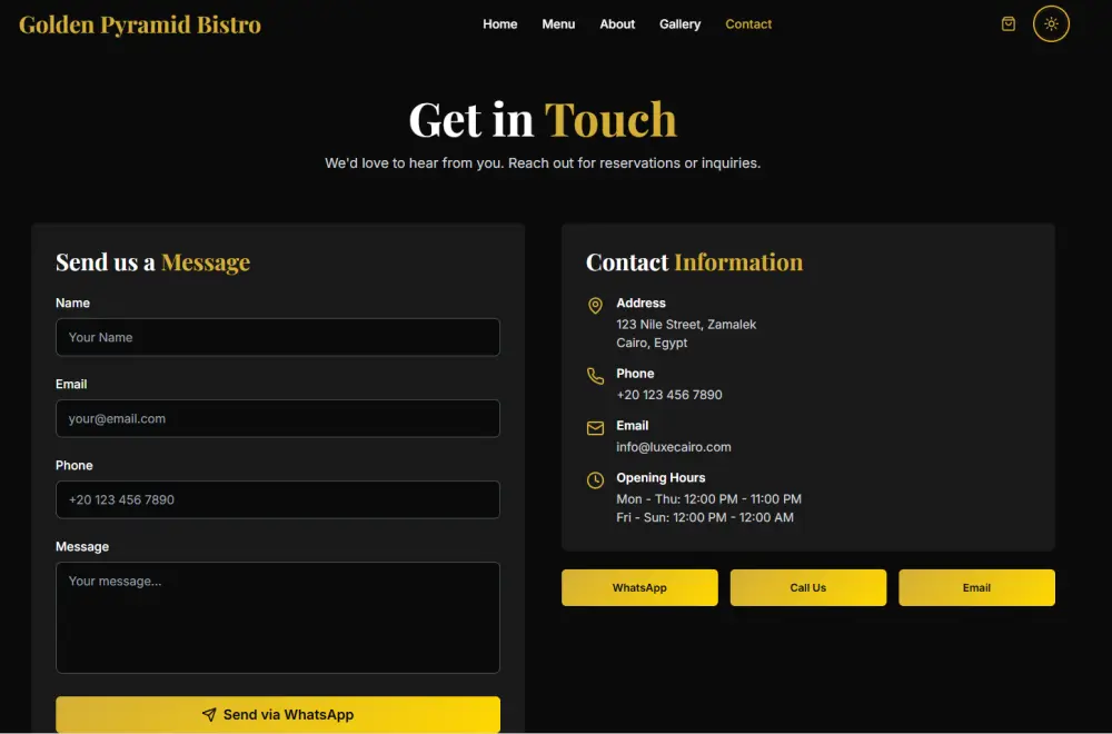 تصميم موقع مطعم أو كافيه كامل ومتعدد الصفحات (Home, Menu, About, Gallery, Contact) بتصميم مودرن وفخم يعرض أطباقك، صور المكان والفريق، ويسمح للعملاء بالطلب أو الحجز مباشرة عبر WhatsApp بسهولة وثقة.