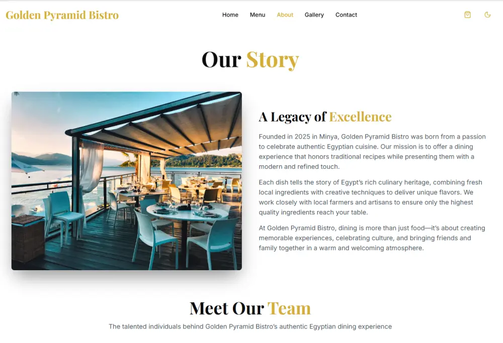 تصميم موقع مطعم أو كافيه كامل ومتعدد الصفحات (Home, Menu, About, Gallery, Contact) بتصميم مودرن وفخم يعرض أطباقك، صور المكان والفريق، ويسمح للعملاء بالطلب أو الحجز مباشرة عبر WhatsApp بسهولة وثقة.