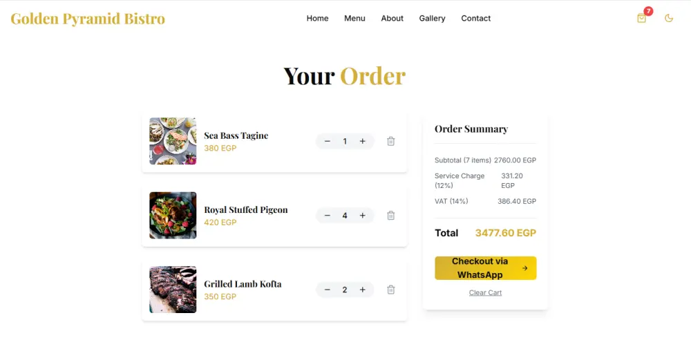 تصميم موقع مطعم أو كافيه كامل ومتعدد الصفحات (Home, Menu, About, Gallery, Contact) بتصميم مودرن وفخم يعرض أطباقك، صور المكان والفريق، ويسمح للعملاء بالطلب أو الحجز مباشرة عبر WhatsApp بسهولة وثقة.