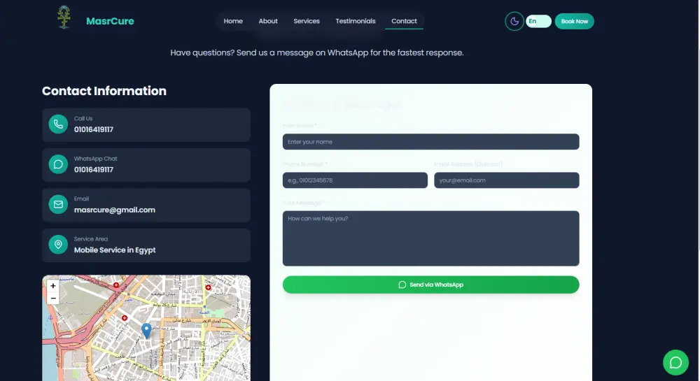 تصميم موقع طبي متنقل احترافي يدعم العربي والإنجليزي، واجهة نهارية وليلية، وحجز مباشر عبر واتساب والهاتف، مع تصميم متجاوب لجميع الأجهزة.