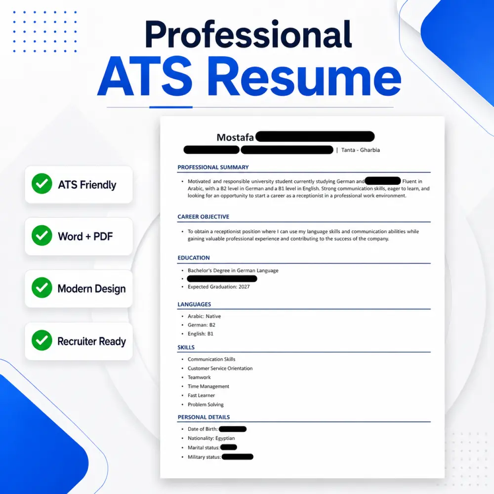 سأصمم CV احترافي متوافق مع أنظمة ATS لزيادة فرص قبولك في الوظائف