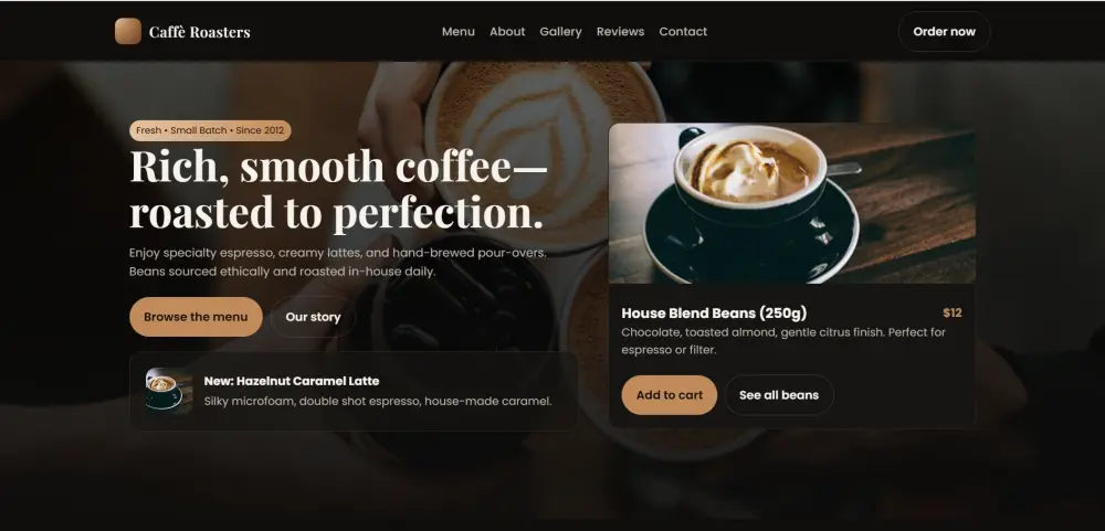 تصميم واجهة احترافية لموقع مقهى أو مطعم