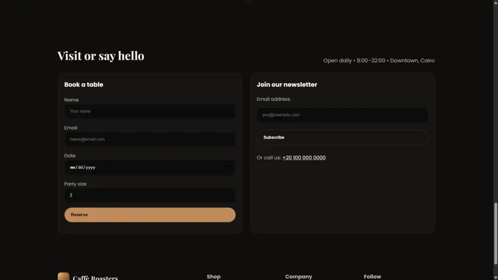 تصميم واجهة احترافية لموقع مقهى أو مطعم