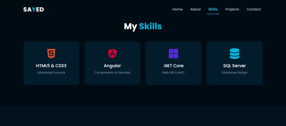 هل ترغب في واجهة تعريفية عصرية (Portfolio) تعكس احترافيتك؟ أقدم لك خدمة تصميم وتكويد موقع شخصي بنظام الصفحة الواحدة (Single Page Application)، بتصميم "Dark Theme" مميز وجذاب.