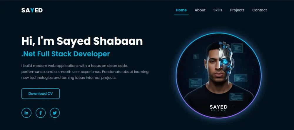 هل ترغب في واجهة تعريفية عصرية (Portfolio) تعكس احترافيتك؟ أقدم لك خدمة تصميم وتكويد موقع شخصي بنظام الصفحة الواحدة (Single Page Application)، بتصميم "Dark Theme" مميز وجذاب.