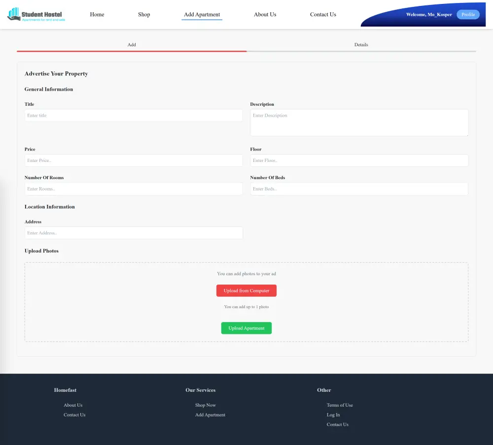 تصميم موقع سكن للطلاب الجامعيين  Student Hostel Website