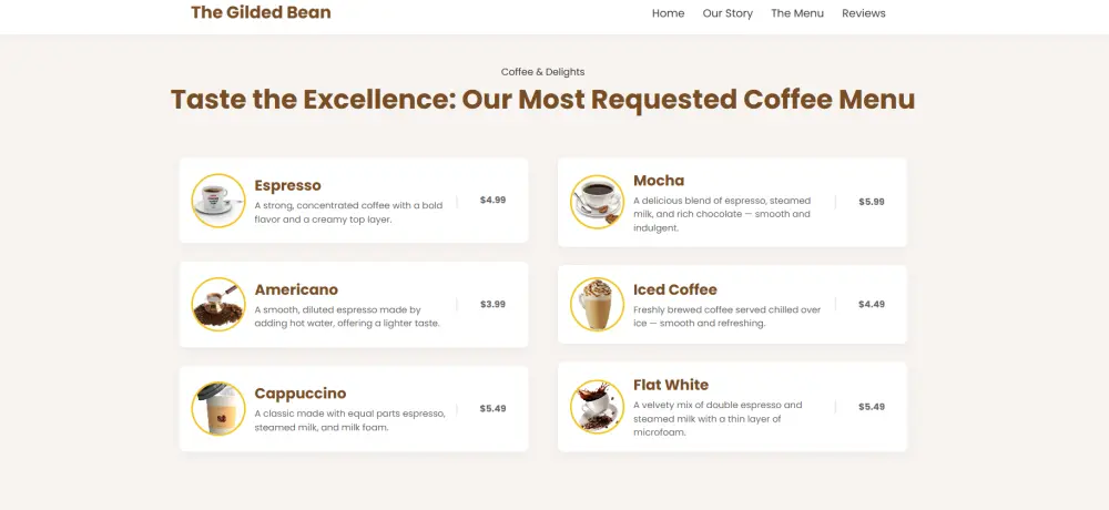 تصميم صفحة هبوط عصرية لكافيه "The Gilded Bean"