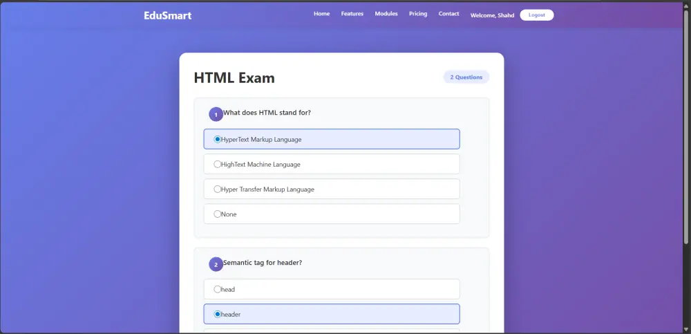 تصميم وتنفيذ منصة تعليمية ذكية وإدارة امتحانات باستخدام HTML وCSS وJavaScript