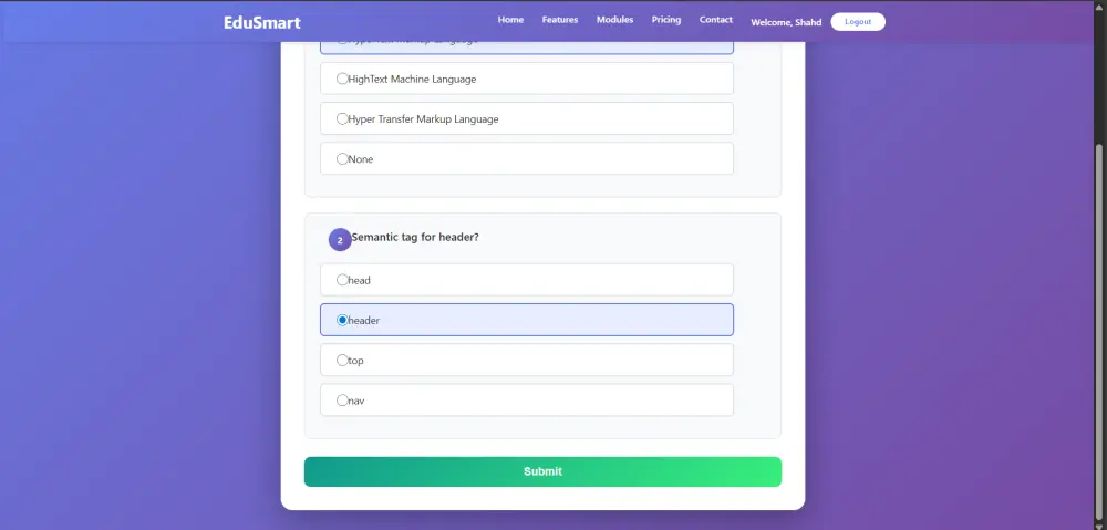 تصميم وتنفيذ منصة تعليمية ذكية وإدارة امتحانات باستخدام HTML وCSS وJavaScript