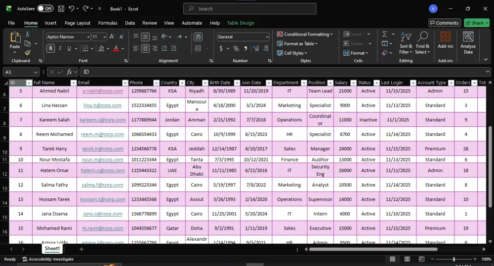 ادخال بيانات في شيت Excel