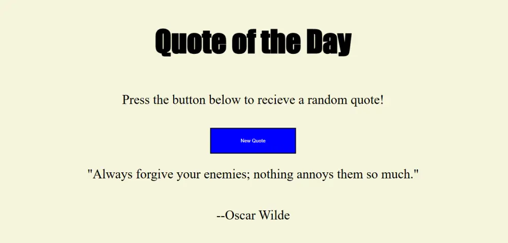 سأقدم صفحة ويب واحدة بسيطة تحتوي على مولّد اقتباسات عشوائية، تم تصميمها باستخدام HTML وCSS وJavaScript. تقوم الصفحة بعرض اقتباس جديد مع اسم المؤلف عند الضغط على الزر، مع واجهة نظيفة وسهلة الاستخدام.