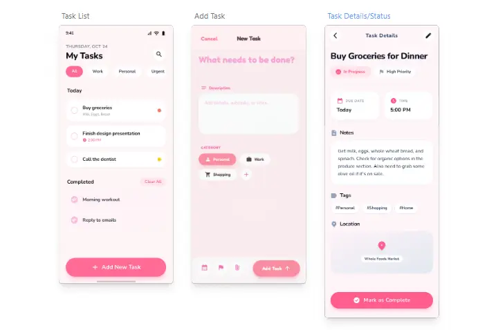 تصميم واجهة مستخدم لتطبيق To-Do List مكون من ثلاث شاشات