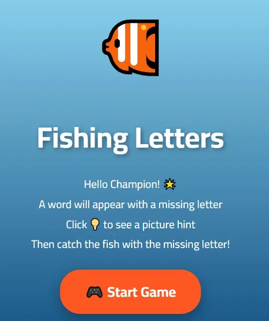 🎣 لعبة صيد الحروف التفاعلية (Fishing Letters)  خدمة تحويل دروس اللغة الإنجليزية لعبة