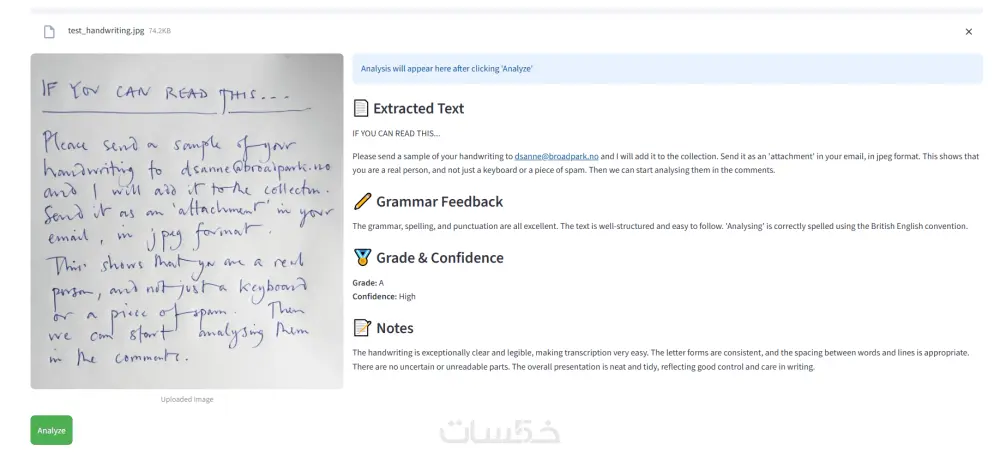 تحليل ونسخ الخط اليدوي مع تقييم شامل