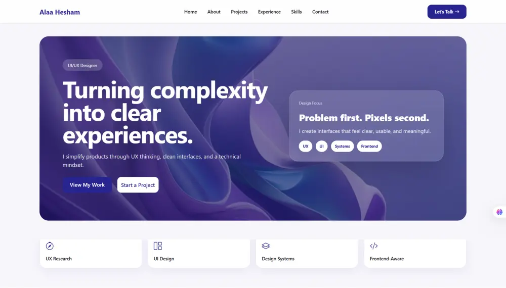 تصميم Portfolio احترافي UI/UX وتحويله إلى موقع HTML جاهز للنشر