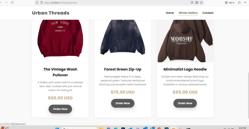سأقوم بإنشاء 3 واجهات متكاملة وجذابة لبراند ملابس (هوم، معرض، اتصال) باستخدام HTML5/CSS3. التصميم عصري، متجاوب، وجاهز لعرض منتجاتك الشتوية بأسعارها، مما يمنحك أساسًا احترافيًا لموقعك.