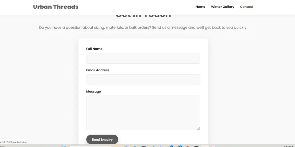 سأقوم بإنشاء 3 واجهات متكاملة وجذابة لبراند ملابس (هوم، معرض، اتصال) باستخدام HTML5/CSS3. التصميم عصري، متجاوب، وجاهز لعرض منتجاتك الشتوية بأسعارها، مما يمنحك أساسًا احترافيًا لموقعك.