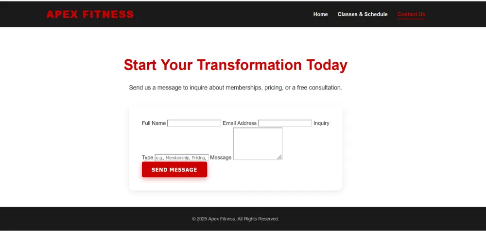 تصميم موقع رياضي متكامل وجذاب لمركز لياقة بدنية/جيم (3 صفحات تفاعلية HTML/CSS/JS)
