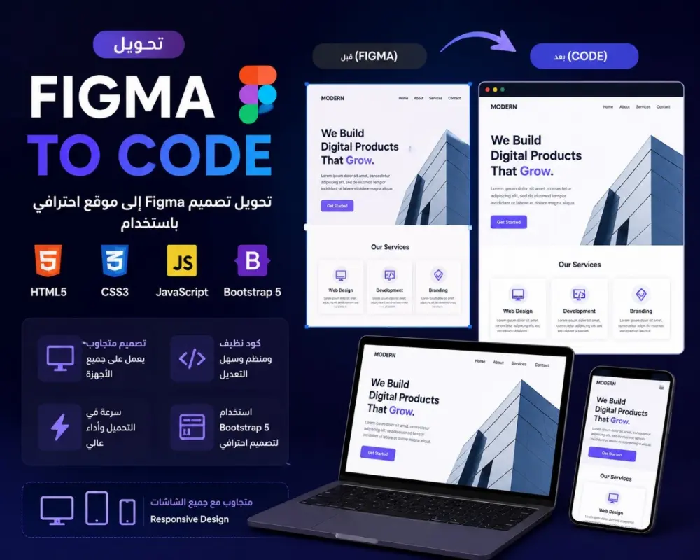 تحويل تصميم Figma إلى موقع احترافي باستخدام HTML, CSS, JavaScript و Bootstrap بحد أقصى  5 صفحات