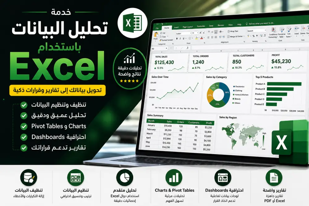 سأقوم بتحليل البيانات باستخدام Excel وإنشاء تقارير احترافية وDashboard
