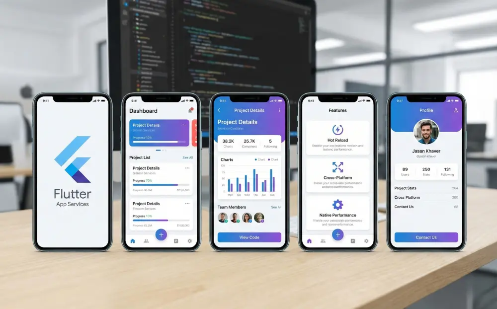 تطوير تطبيق موبايل باستخدام Flutter لخمس صفحات يعمل على Android وiOS