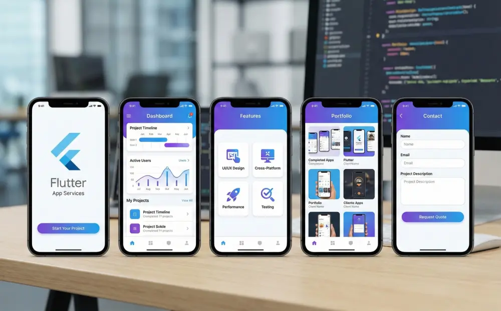 تطوير تطبيق موبايل باستخدام Flutter لخمس صفحات يعمل على Android وiOS