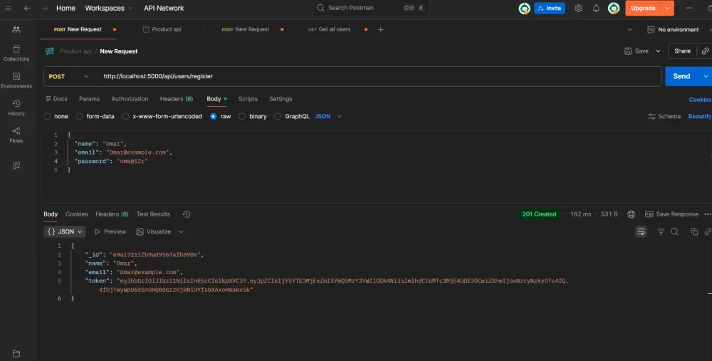 سأقوم بإنشاء REST API كامل لتسجيل المستخدمين وتسجيل الدخول باستخدام Node.js و MongoDB مع تأمين كامل باستخدام JWT.