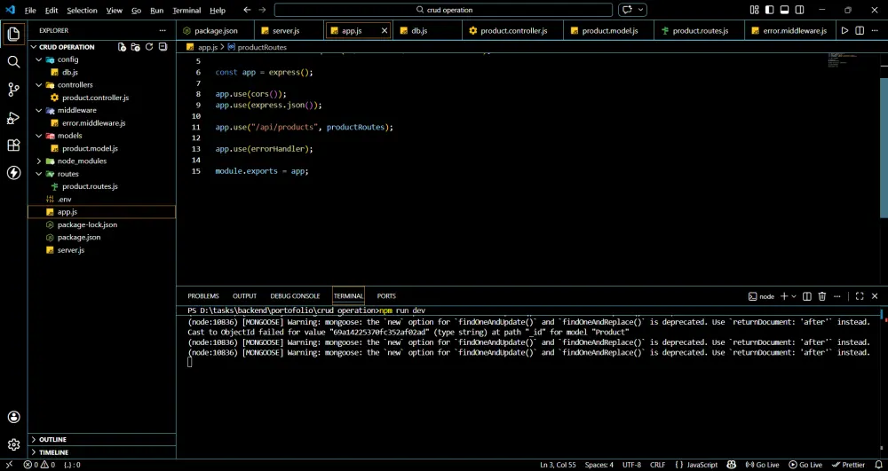 سأقوم بإنشاء نظام CRUD كامل لإدارة المنتجات باستخدام Node.js وMongoDB