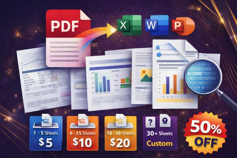 تحويل ملفات PDF إلى أي صيغة أخرى بدقة عالية مع مراجعة وتأكيد صحة البيانات