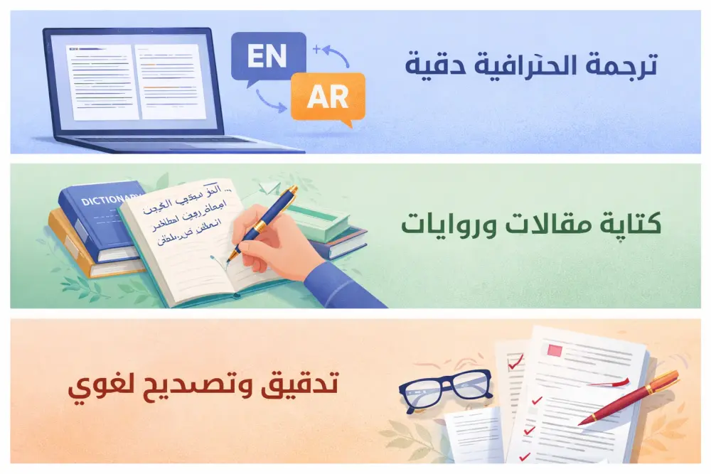 لاول مره ترجمه(عربي/انجليزي) كتابه روايات وكتابه مقالات ووصف منتجات وتصحيح لغوي