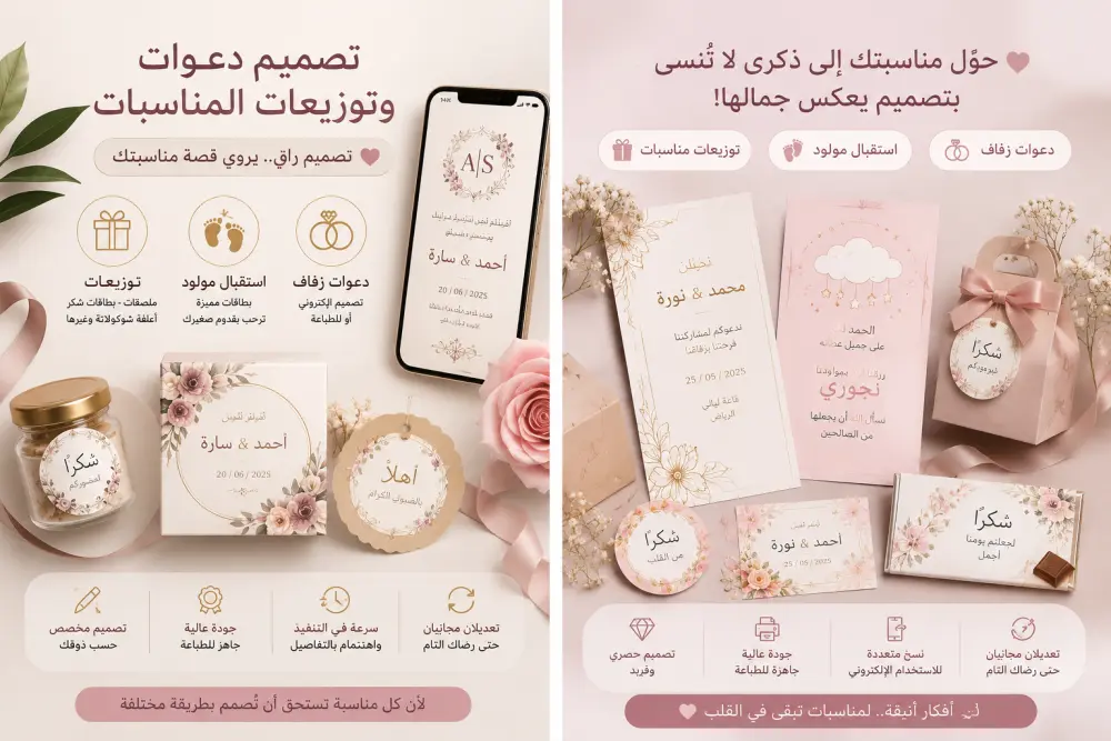 تصميم دعوات زفاف وتوزيعات واستقبال مواليد بتصاميم أنيقة ومميزة